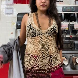 The Limited Sandy colored Crochet Brown Beaded Beach Top